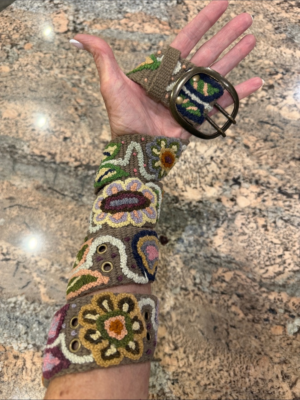 pistil Taupe Canvas Belt with Multicolor Embroidered Motifs
